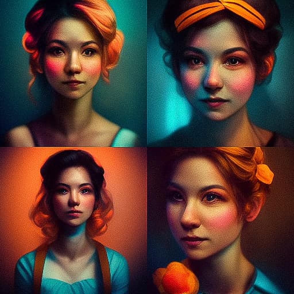 Portrait shot with peach and cyan lighting style, Midjourney V3, render 1 of 4