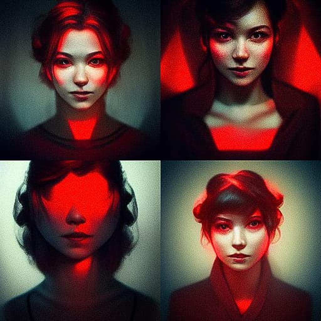 Portrait shot with red light style, Midjourney V3, render 1 of 4