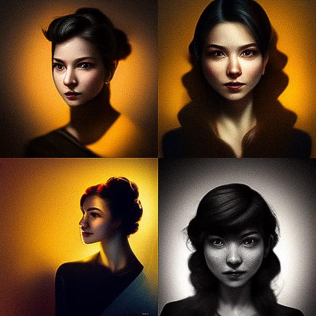 Portrait shot with top lighting style, Midjourney V3, render 1 of 4