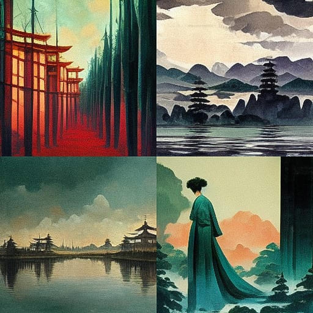 Shin hanga style, Midjourney V3, render 1 of 4