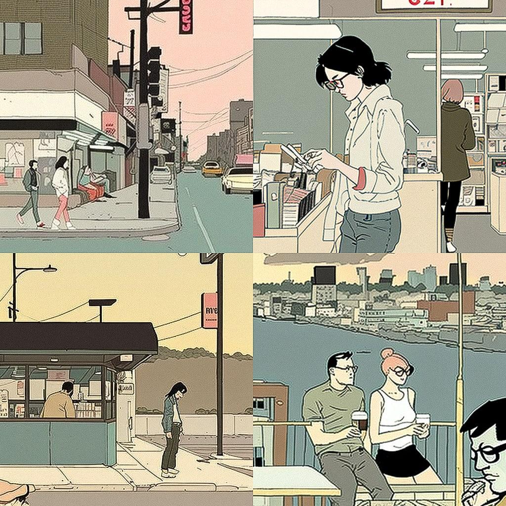 Adrian Tomine style, Midjourney V4, render 1 of 4