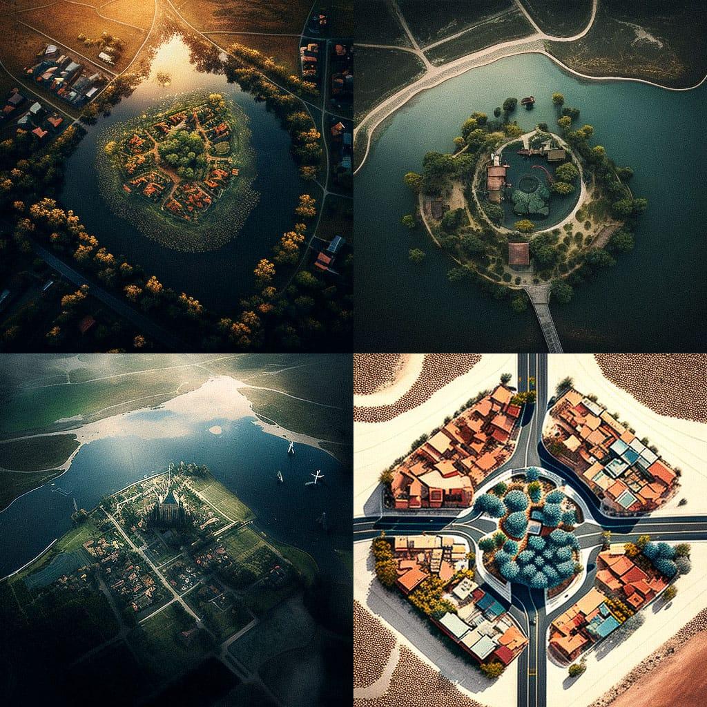 Aerial view style, Midjourney V4, render 1 of 4