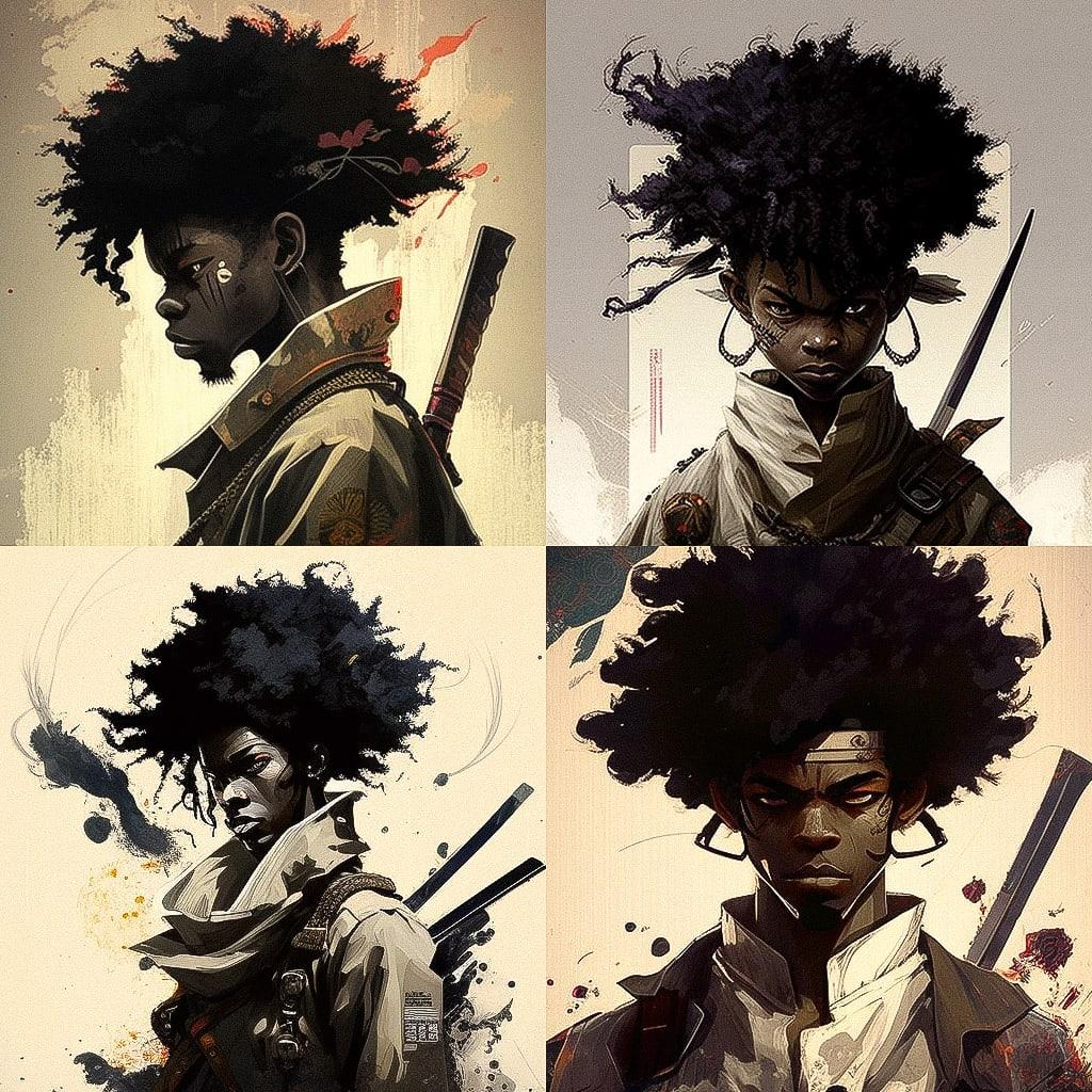 Afro Samurai style, Midjourney V4, render 1 of 4