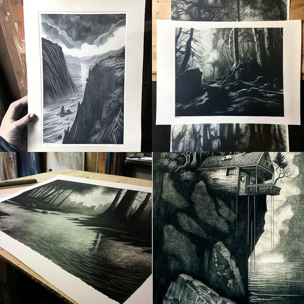 Aquatint print style, Midjourney V4, render 1 of 4