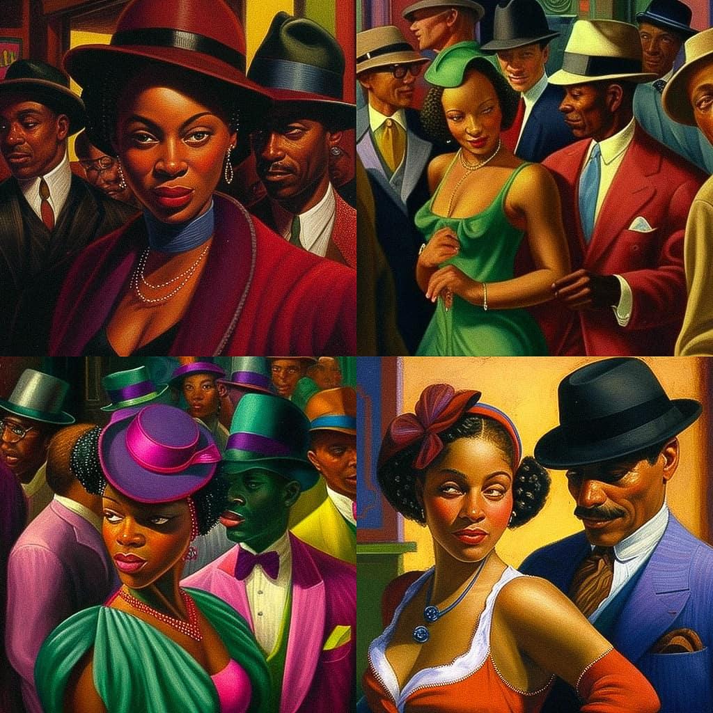 Archibald Motley style, Midjourney V4, render 1 of 4