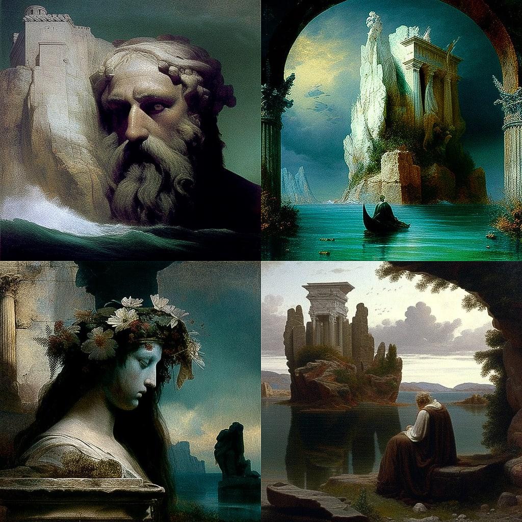 Arnold Bocklin style, Midjourney V4, render 1 of 4