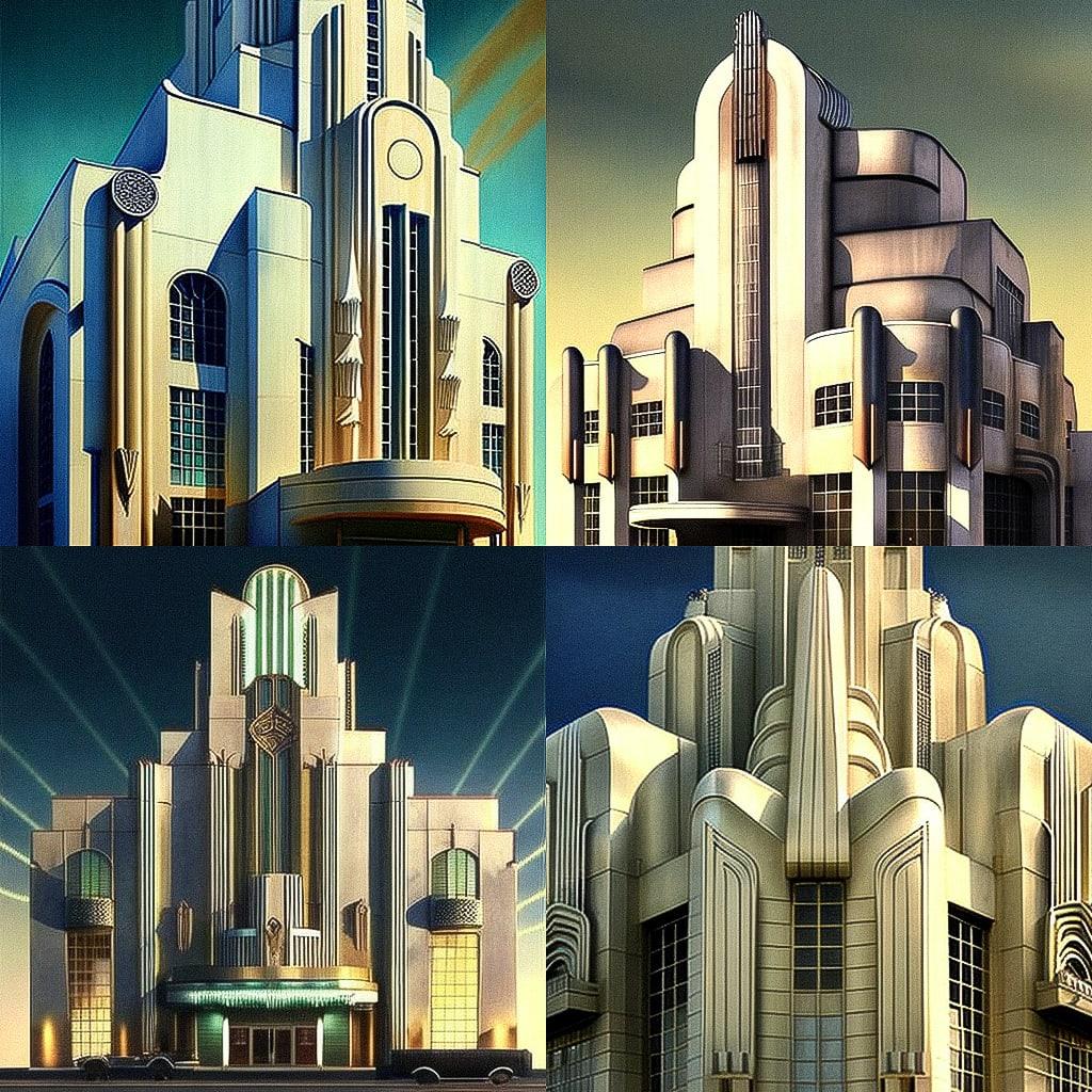 Art Deco architecture style, Midjourney V4, render 1 of 4