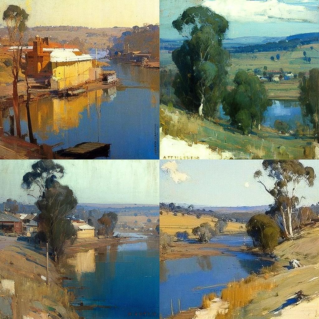 Arthur Streeton style, Midjourney V4, render 1 of 4