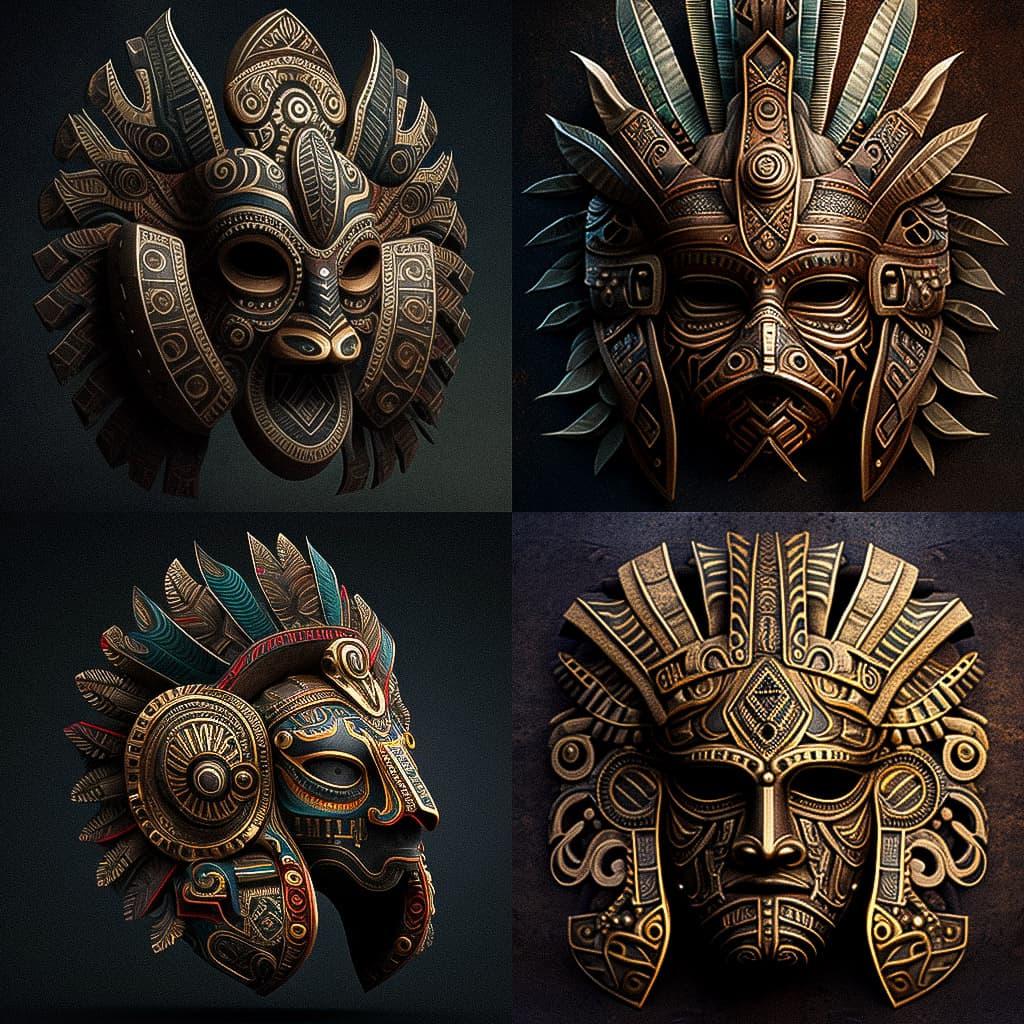 Aztec mask style, Midjourney V4, render 1 of 4