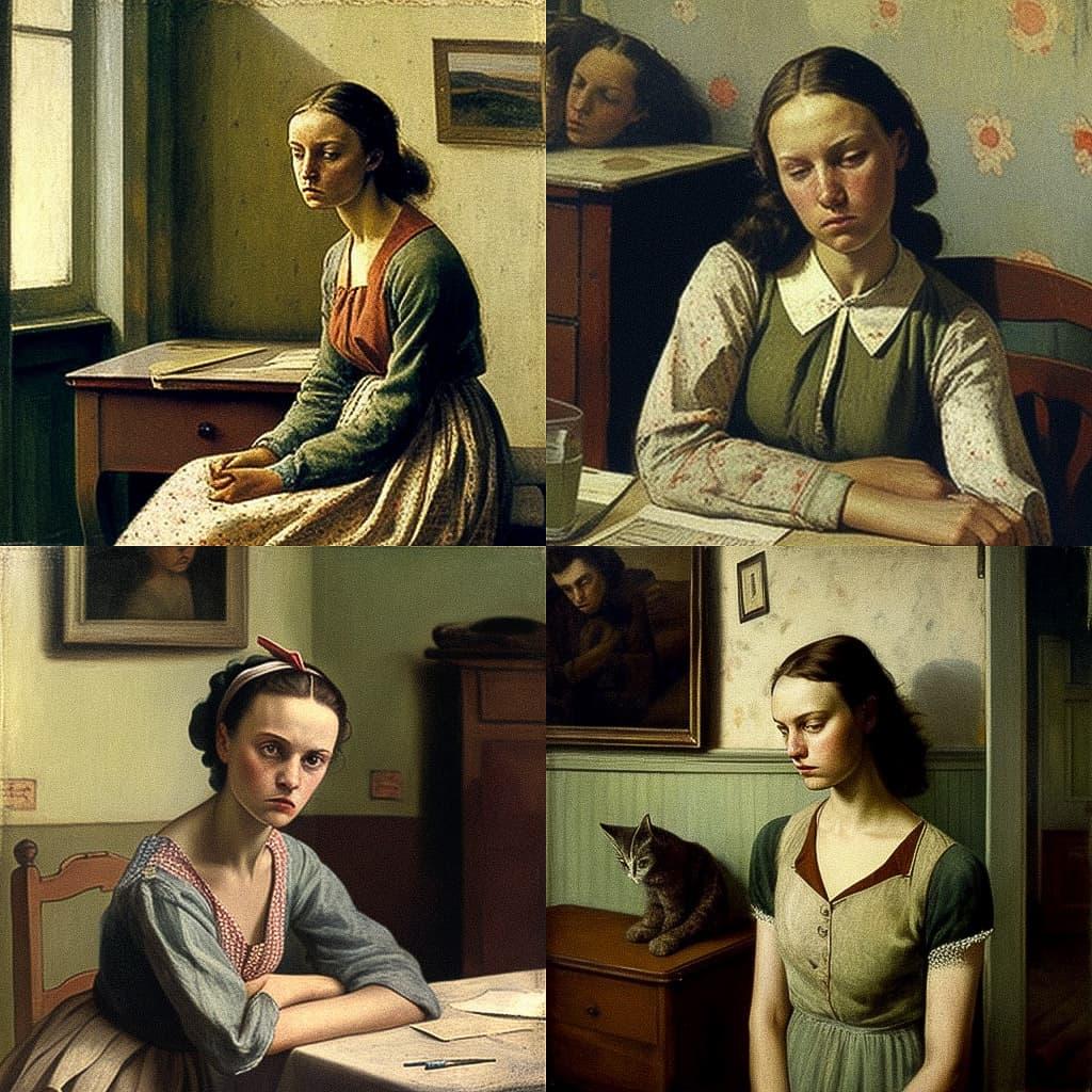 Balthus style, Midjourney V4, render 1 of 4