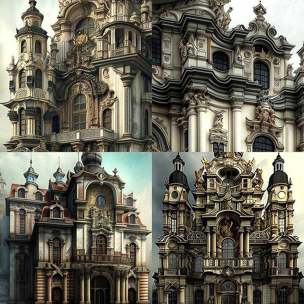 Baroque architecture style, Midjourney V4, render 1 of 4