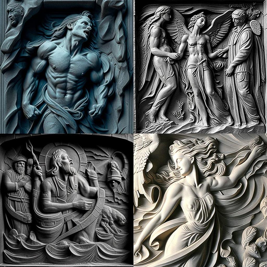 Bas-relief style, Midjourney V4, render 1 of 4