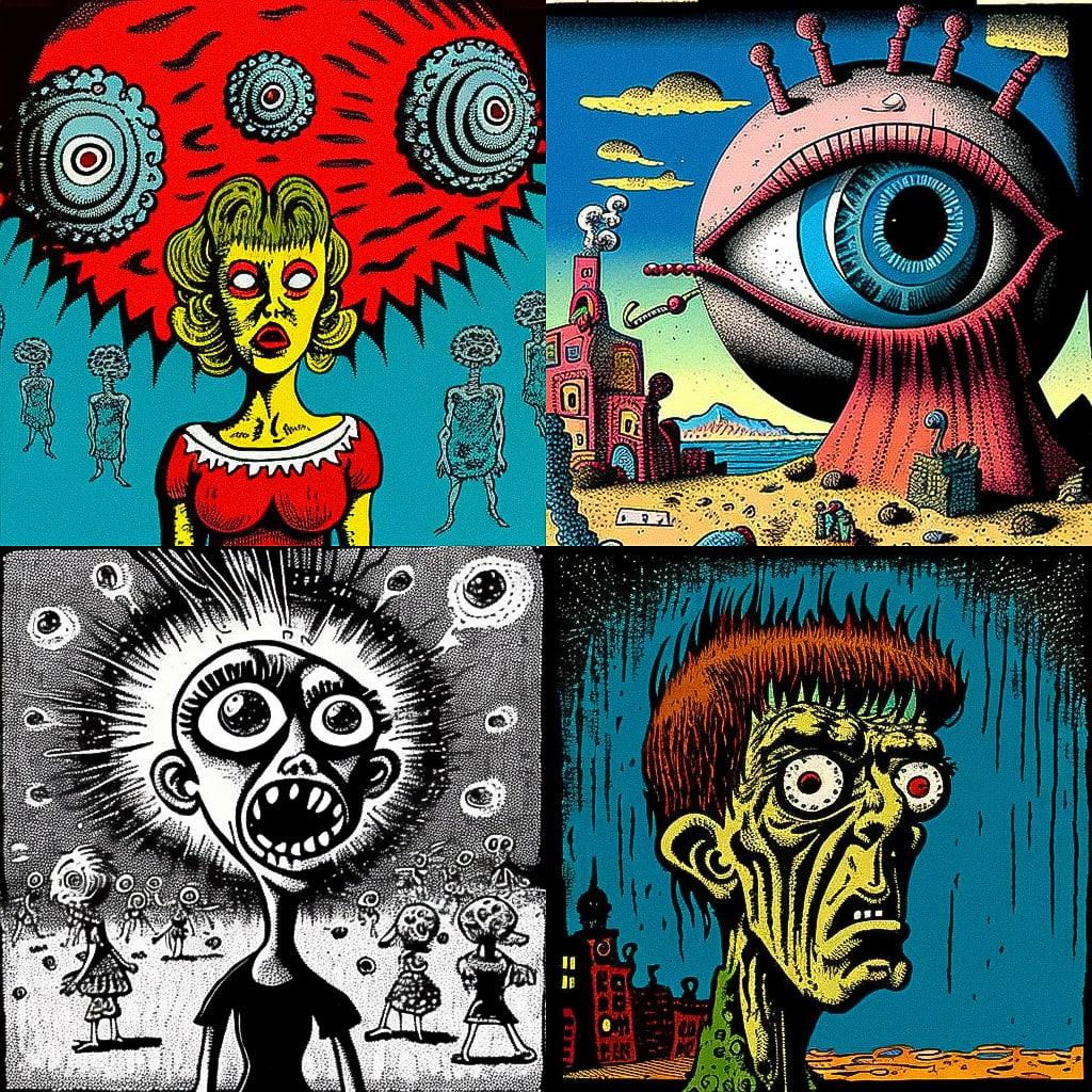 Basil Wolverton style, Midjourney V4, render 1 of 4