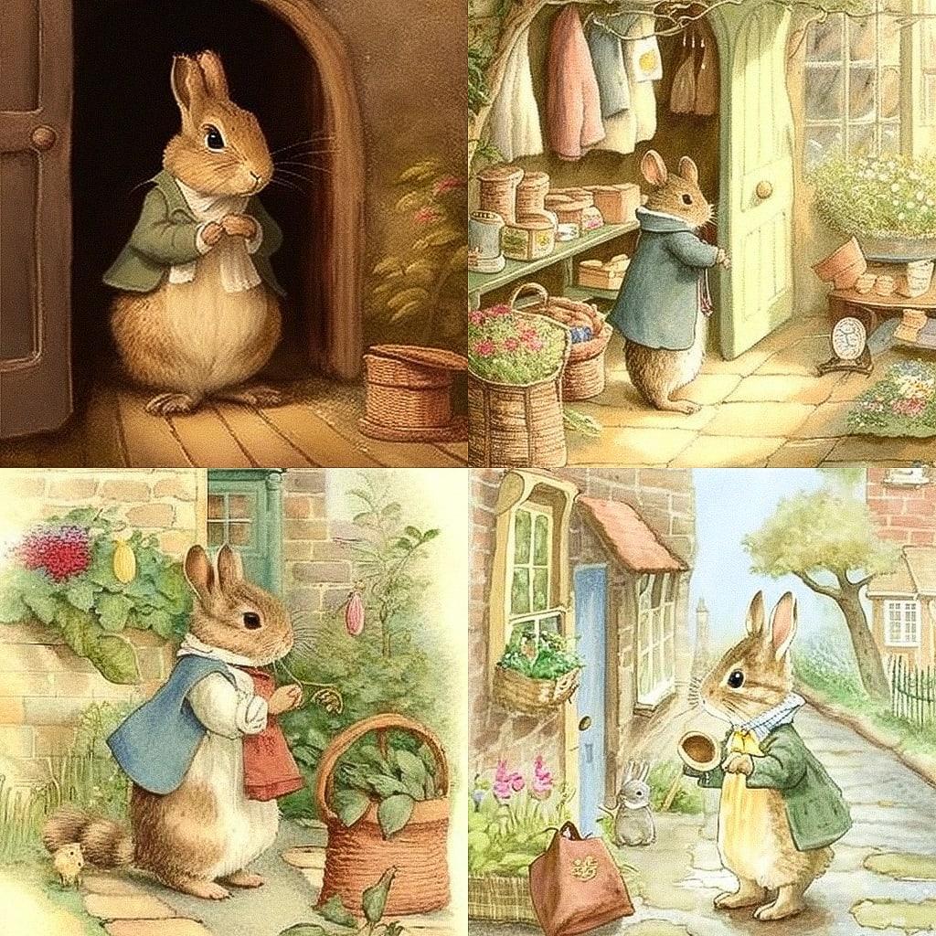 Beatrix Potter style, Midjourney V4, render 1 of 4