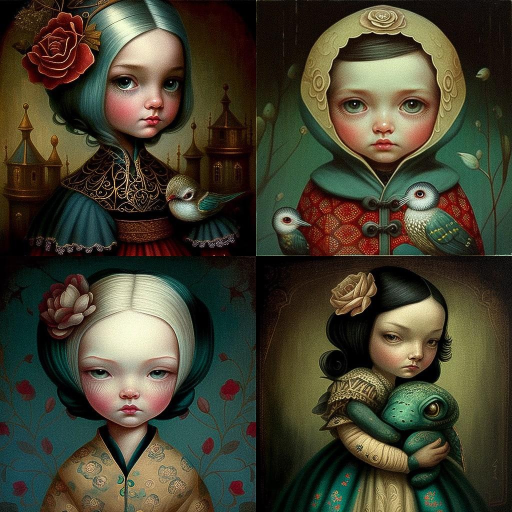 Benjamin Lacombe style, Midjourney V4, render 1 of 4