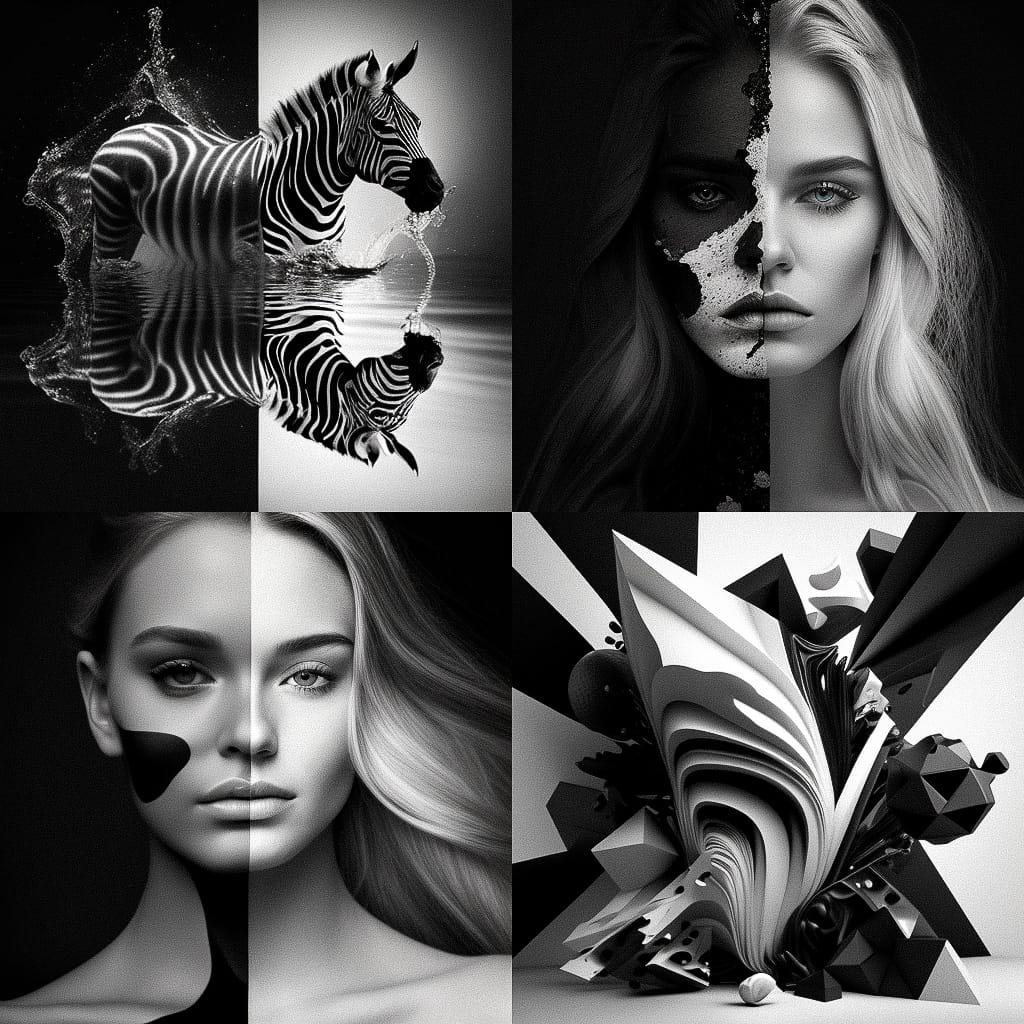 Black-and-white colors style, Midjourney V4, render 1 of 4