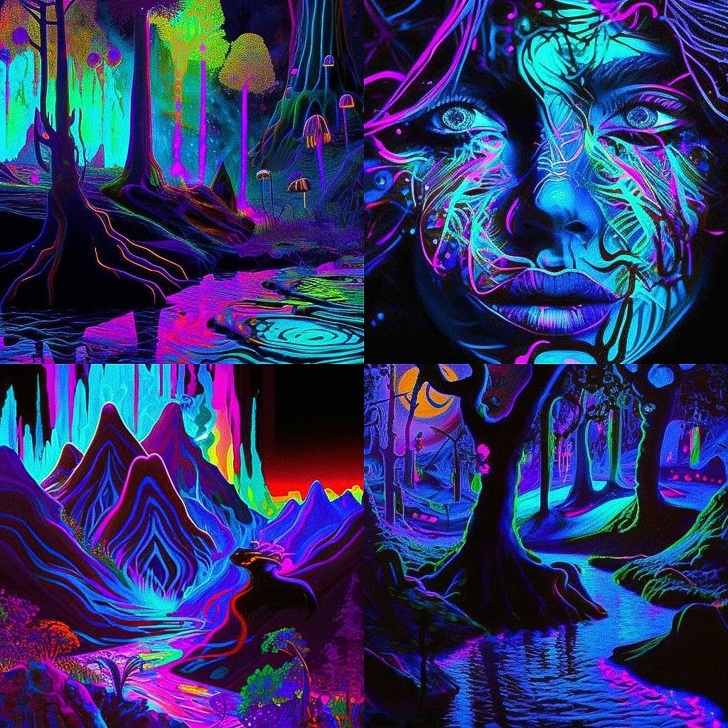 Blacklight paint style, Midjourney V4, render 1 of 4