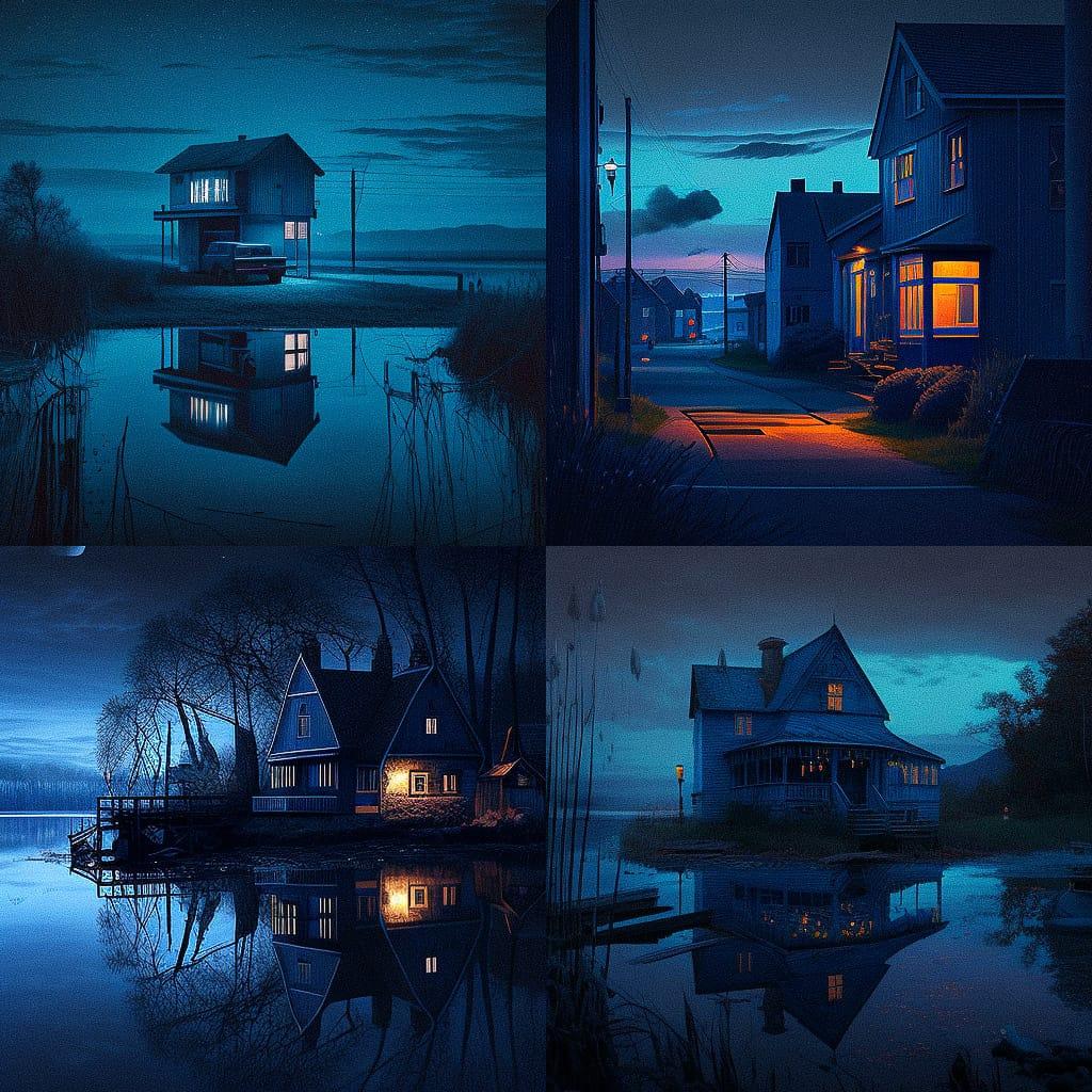 Blue hour style, Midjourney V4, render 1 of 4