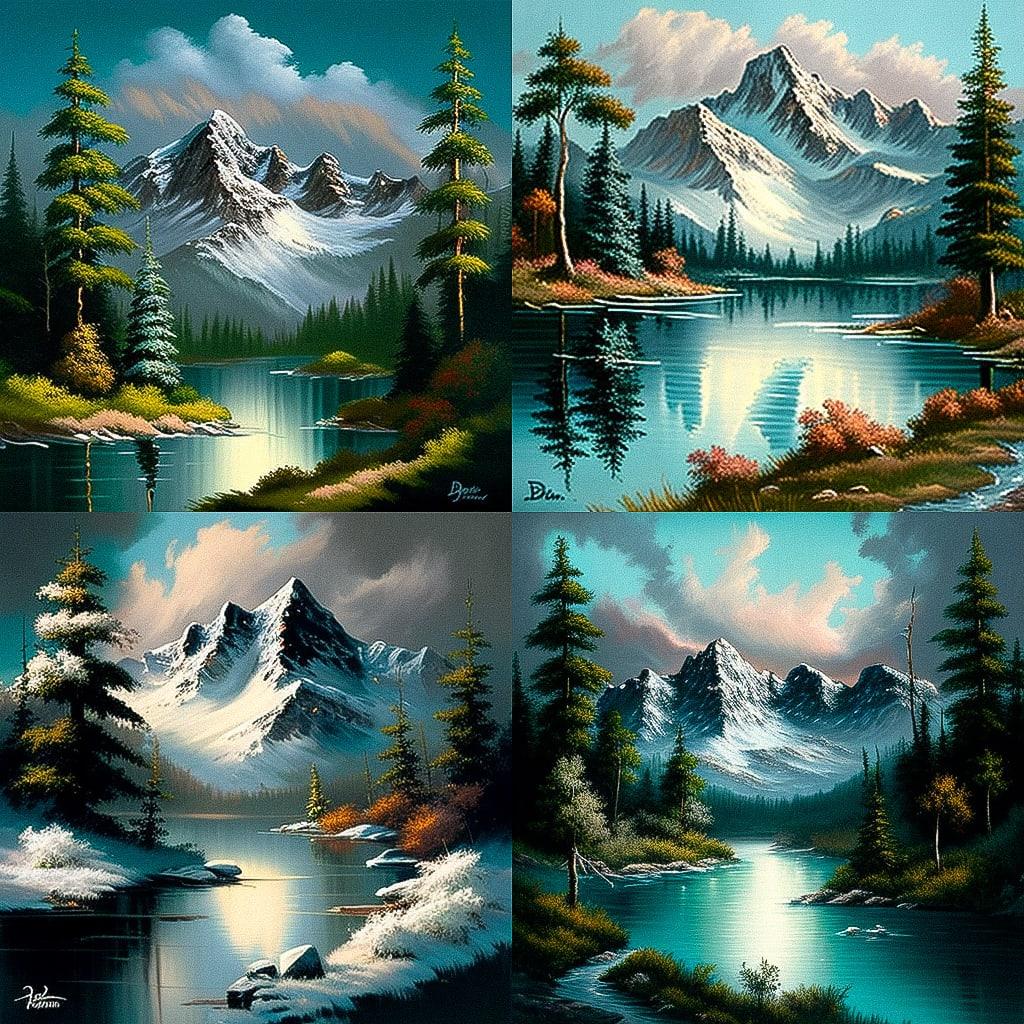 Bob Ross style, Midjourney V4, render 1 of 4