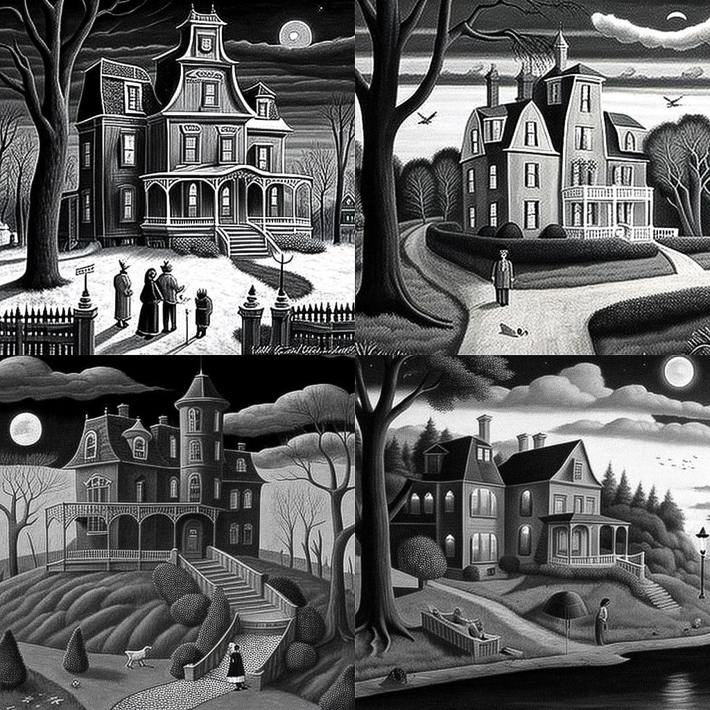 Charles Addams style, Midjourney V4, render 1 of 4
