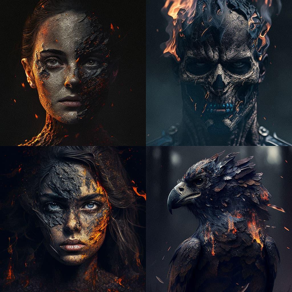 Charred style, Midjourney V4, render 1 of 4