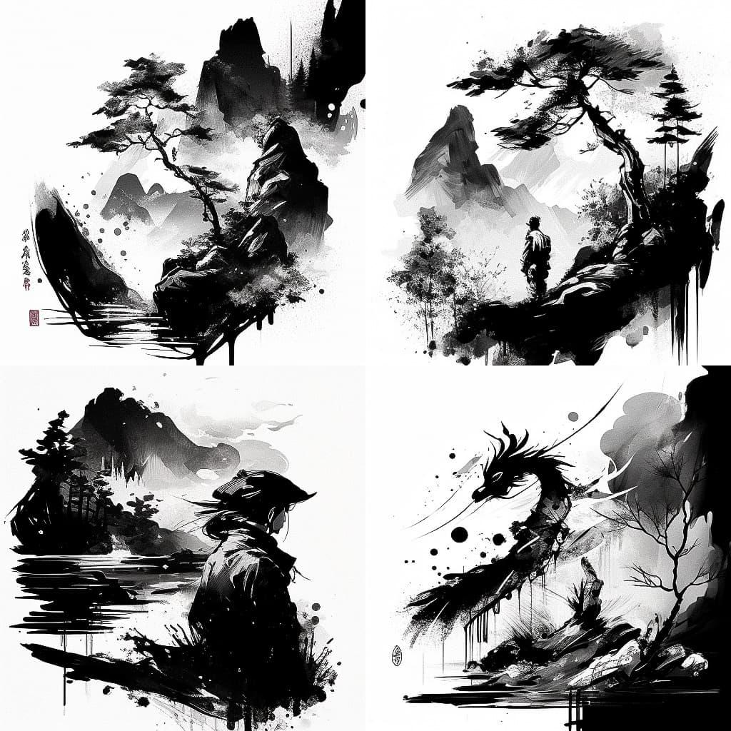Chinese ink brush style, Midjourney V4, render 1 of 4