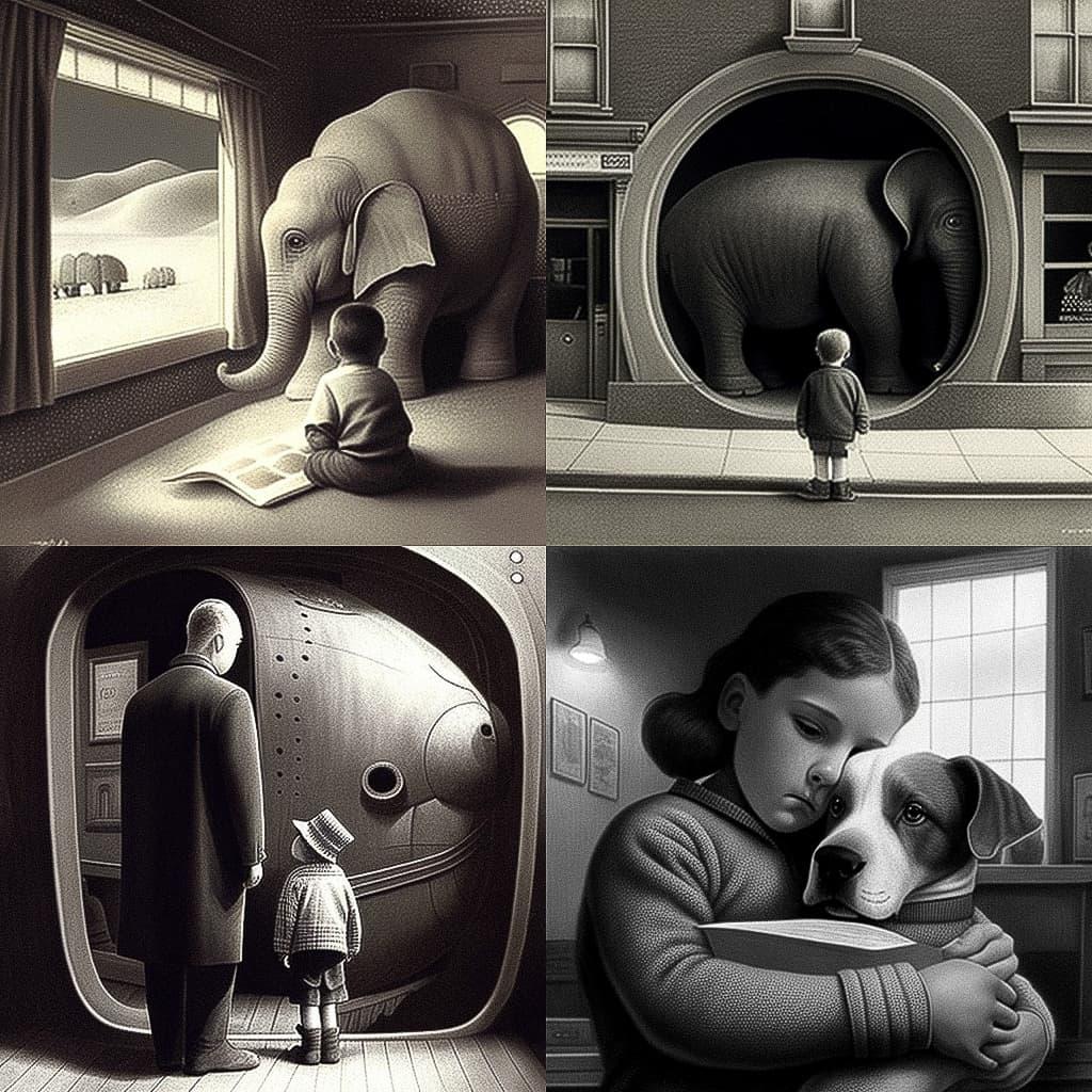 Chris Van Allsburg style, Midjourney V4, render 1 of 4