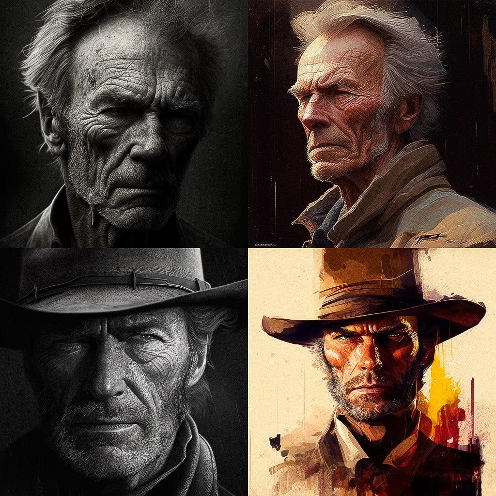 Clint Eastwood style, Midjourney V4, render 1 of 4