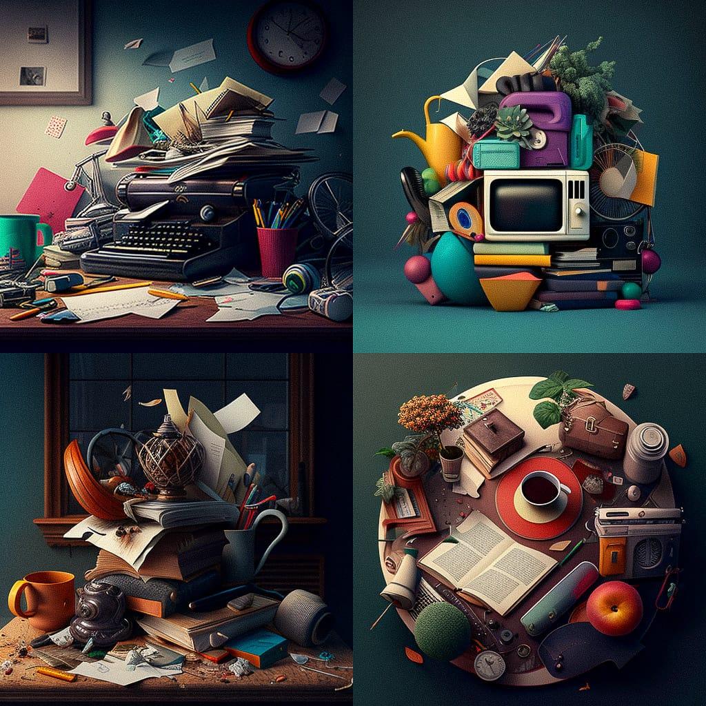 Cluttered composition style, Midjourney V4, render 1 of 4