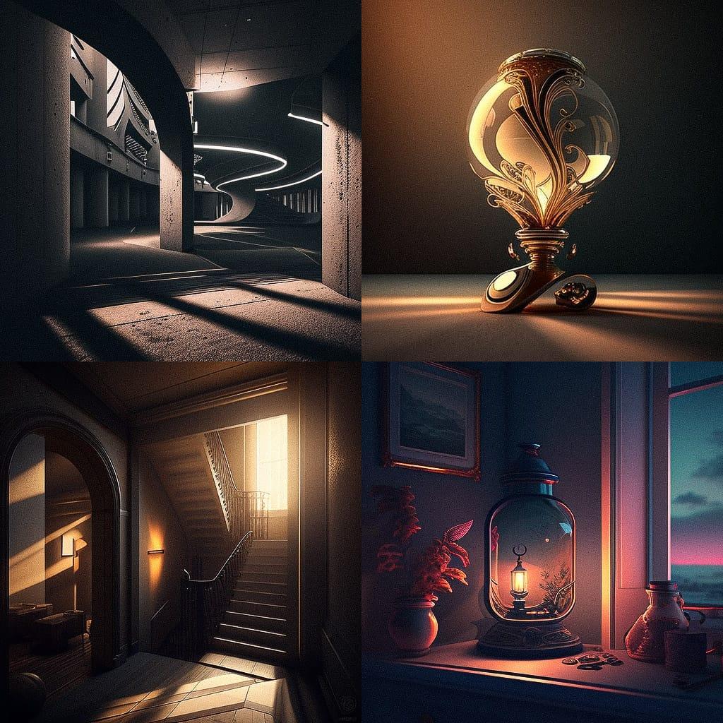 Contrasted lighting style, Midjourney V4, render 1 of 4