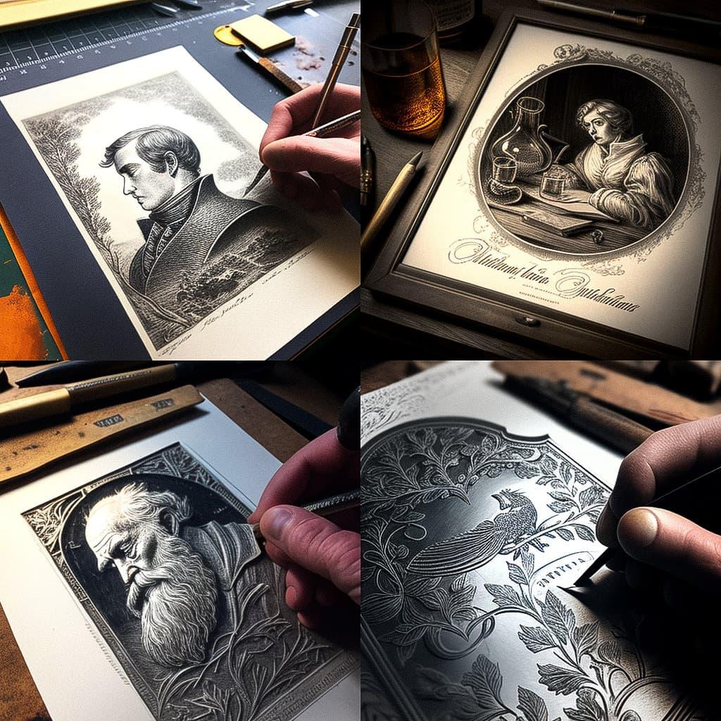 Copperplate engraving style, Midjourney V4, render 1 of 4