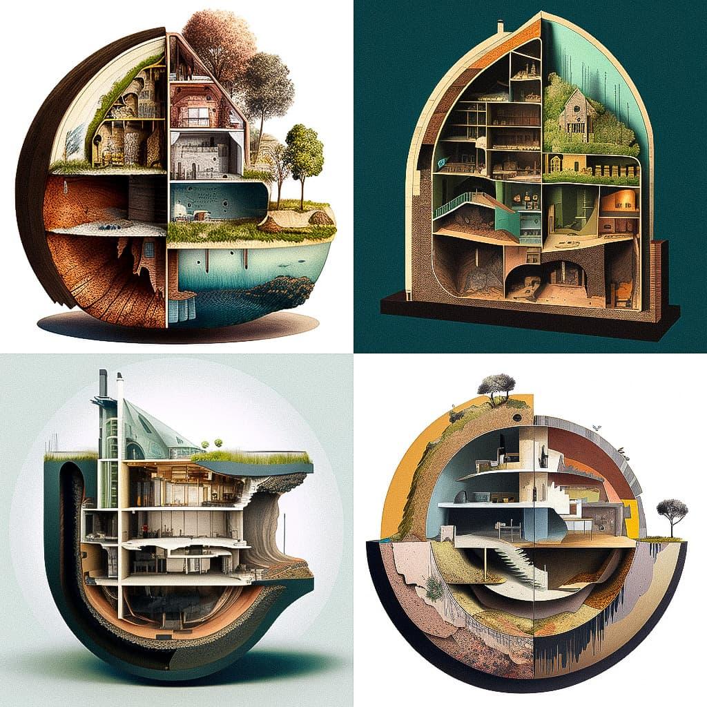 Cross-section plan style, Midjourney V4, render 1 of 4