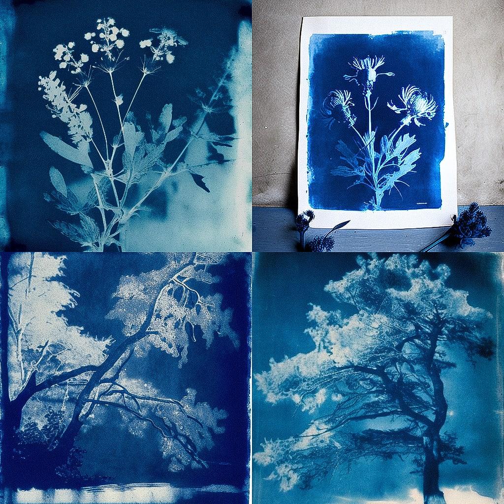 Cyanotype print style, Midjourney V4, render 1 of 4