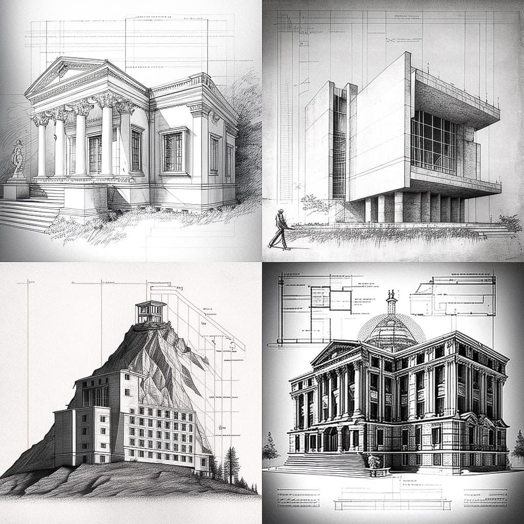 Elevation drawing style, Midjourney V4, render 1 of 4