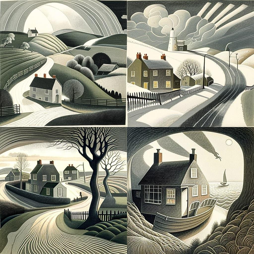 Eric Ravilious style, Midjourney V4, render 1 of 4