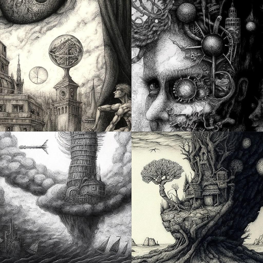 Etching style, Midjourney V4, render 1 of 4