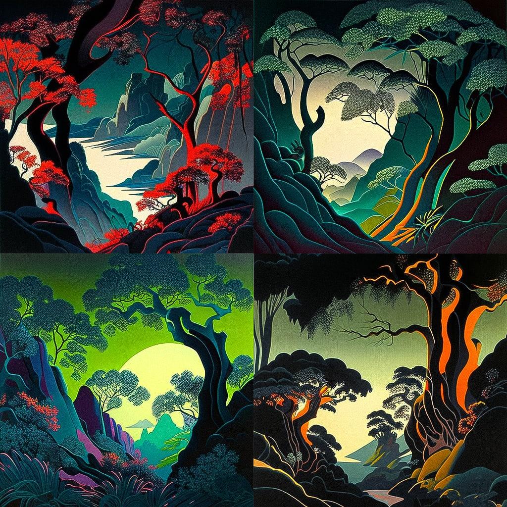 Eyvind Earle style, Midjourney V4, render 1 of 4