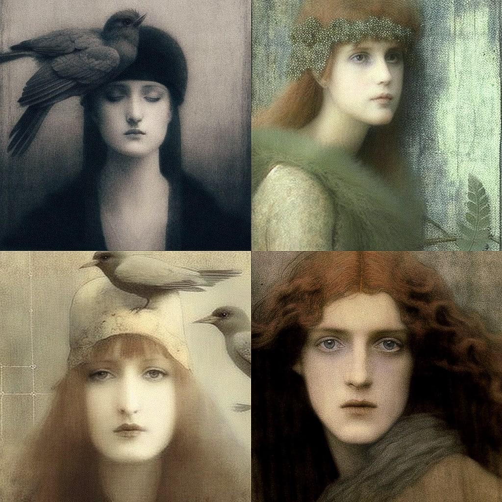 Fernand Khnopff style, Midjourney V4, render 1 of 4
