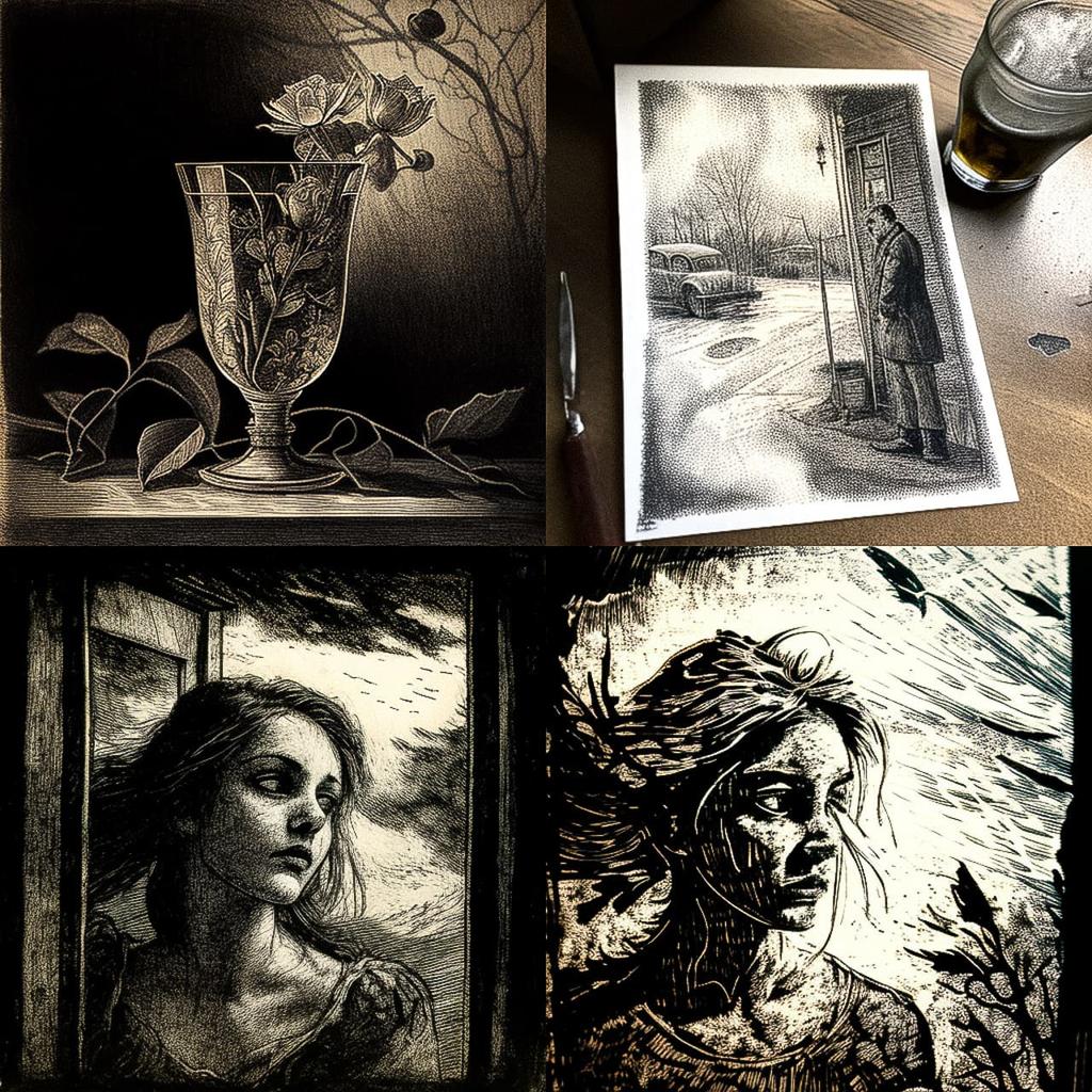 Fine art etching style, Midjourney V4, render 1 of 4