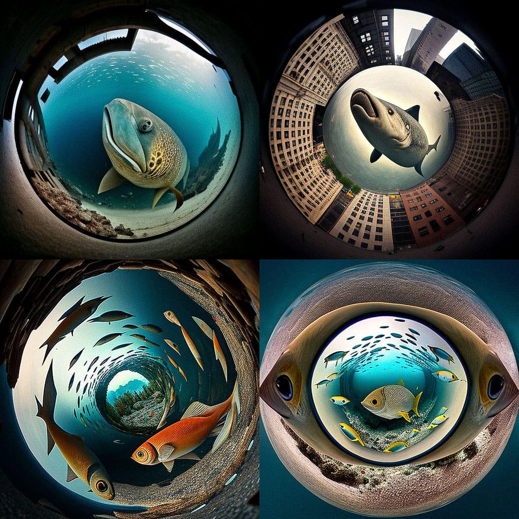 Fish-eye view style, Midjourney V4, render 1 of 4