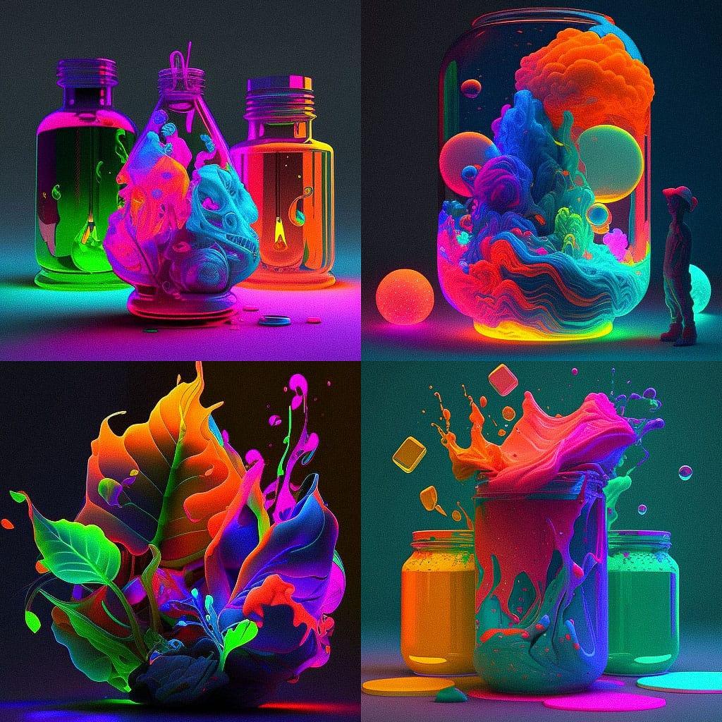 Fluorescent colors style, Midjourney V4, render 1 of 4