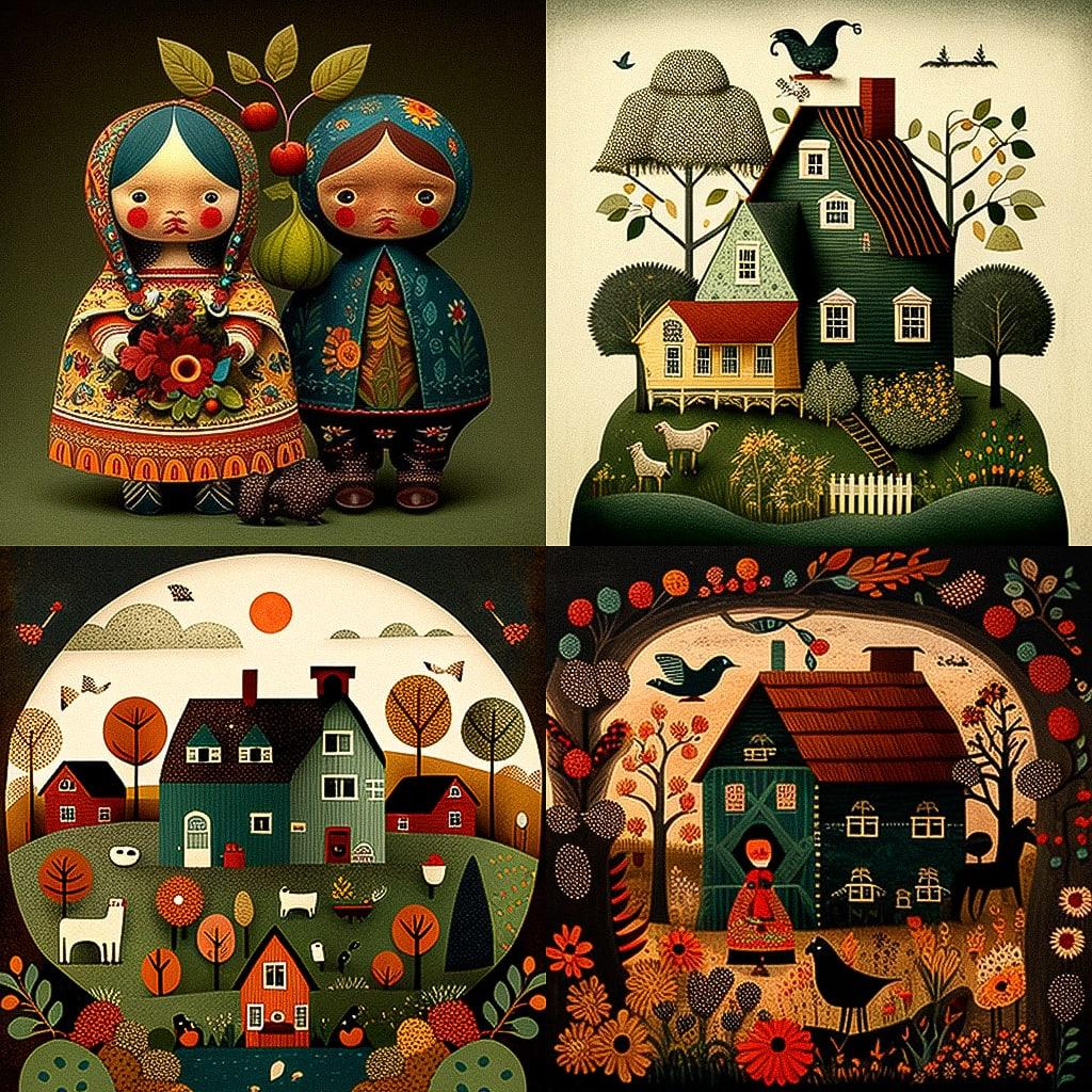 Folk art style, Midjourney V4, render 1 of 4