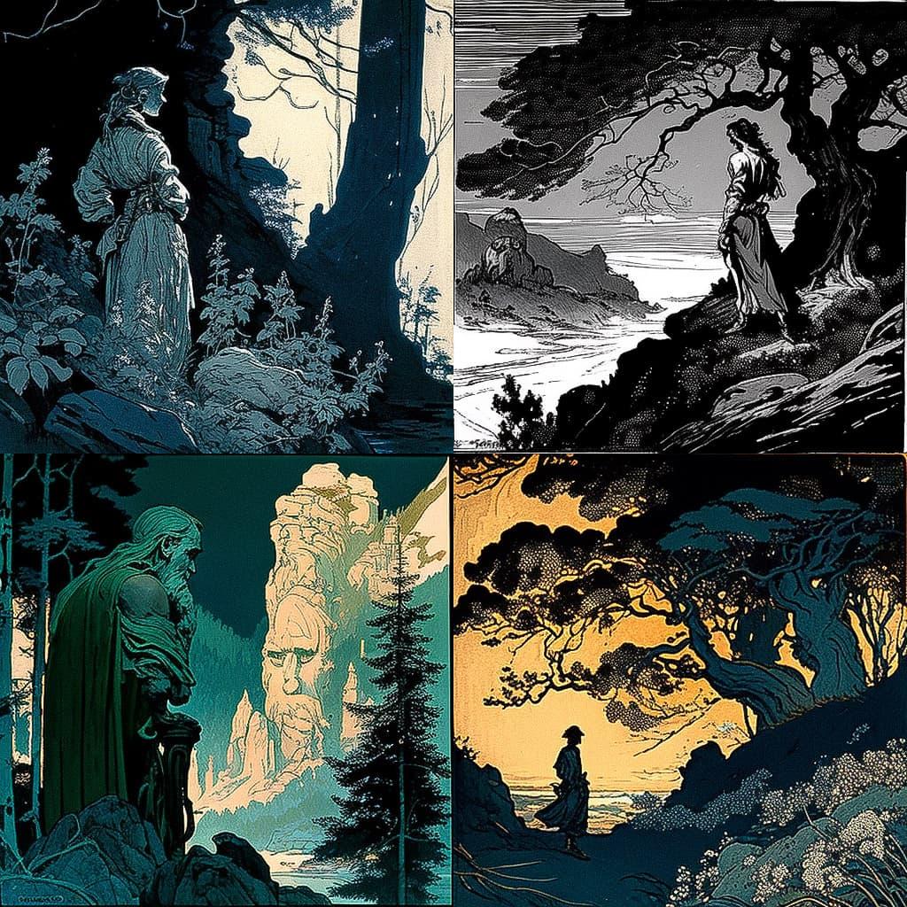 Franklin Booth style, Midjourney V4, render 1 of 4