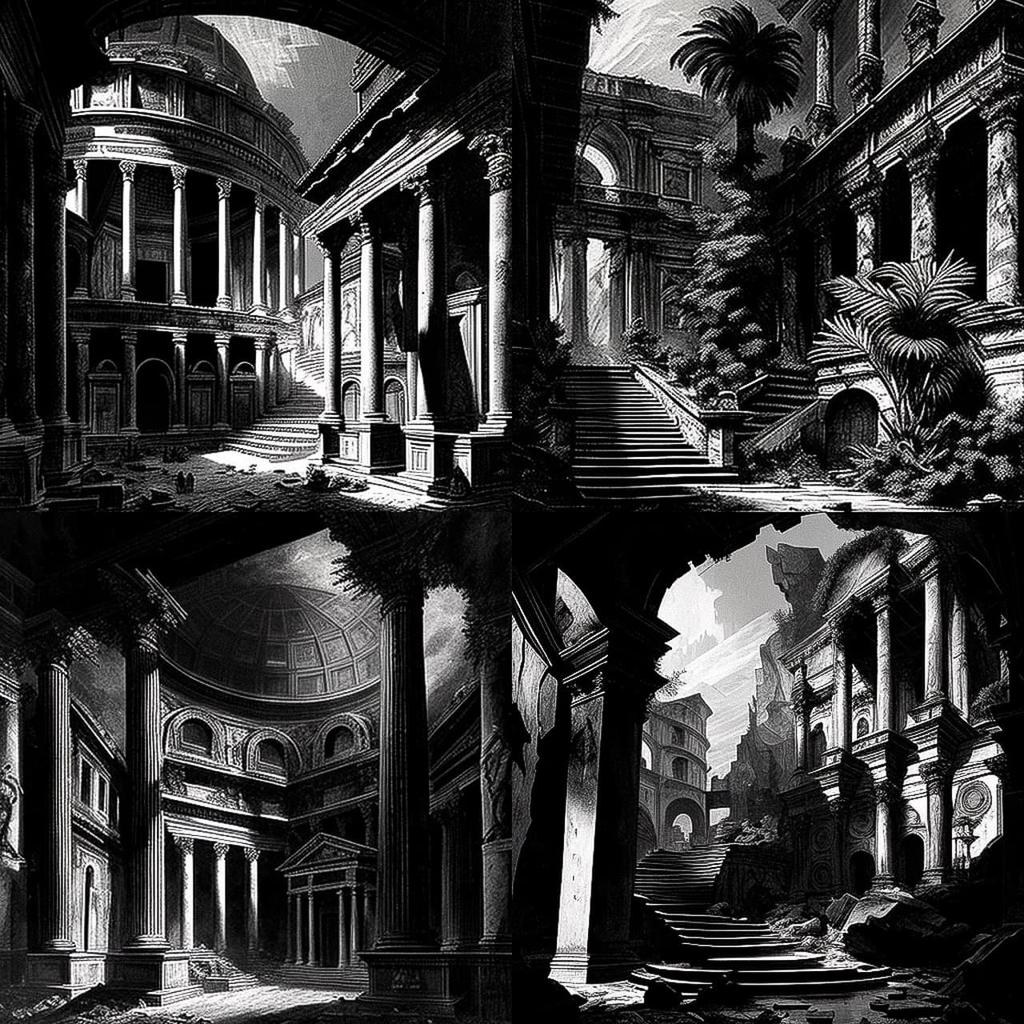 Giovanni Battista Piranesi style, Midjourney V4, render 1 of 4