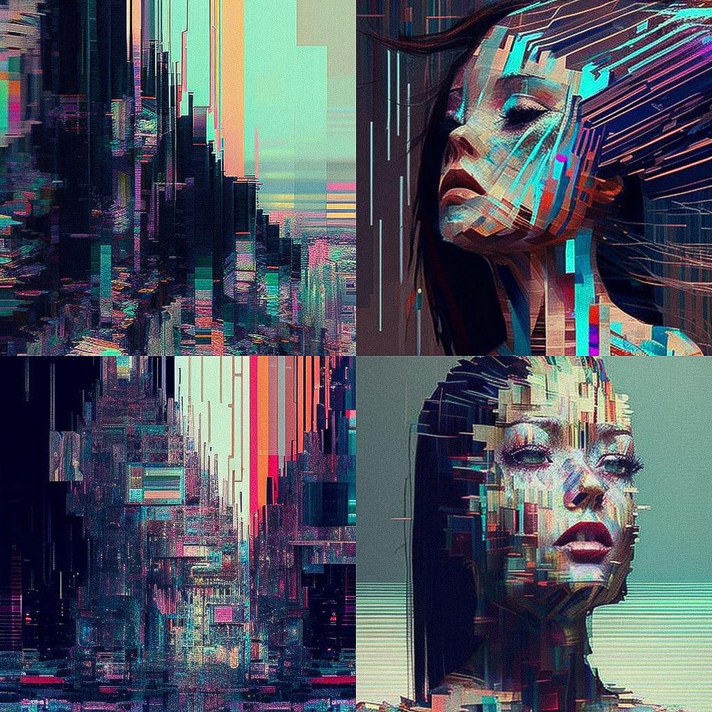 Glitch art style, Midjourney V4, render 1 of 4