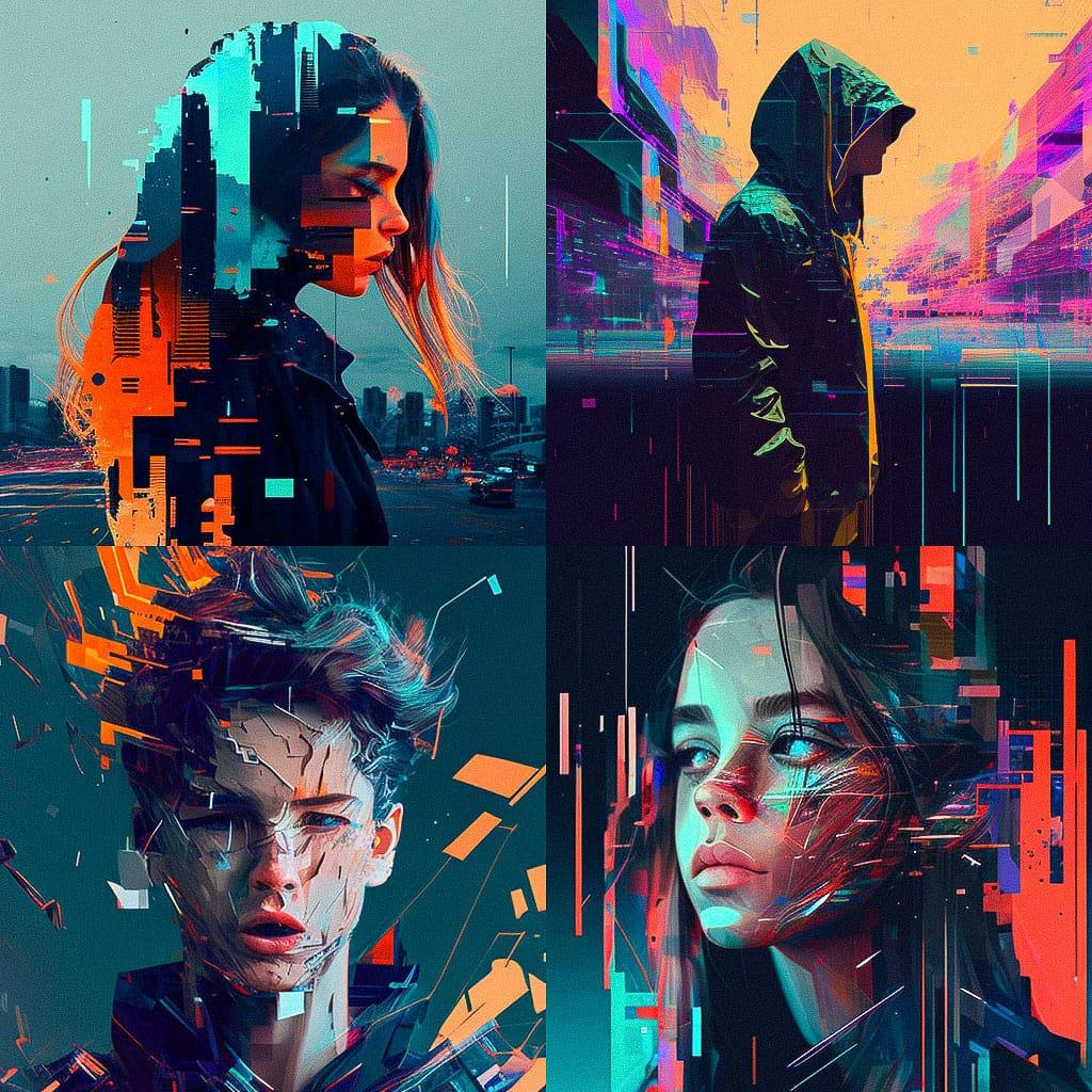 Glitchy style, Midjourney V4, render 1 of 4