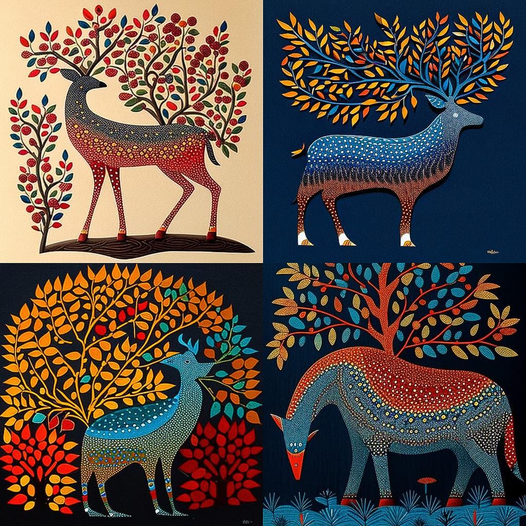 Gond painting style, Midjourney V4, render 1 of 4