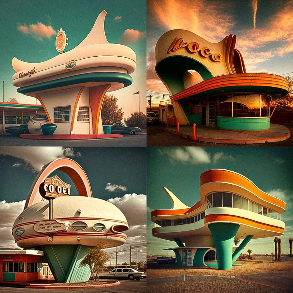 Googie architecture style, Midjourney V4, render 1 of 4