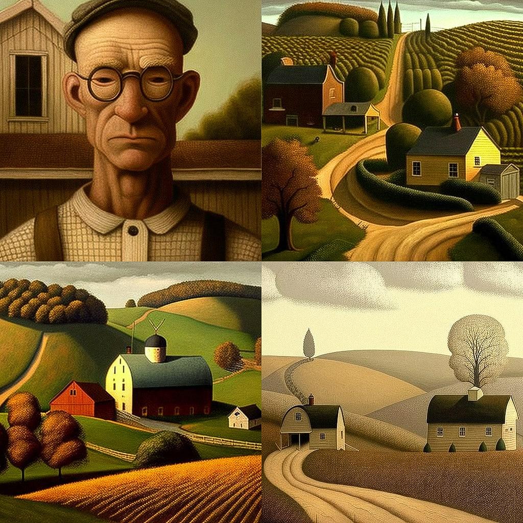 Grant Wood style, Midjourney V4, render 1 of 4