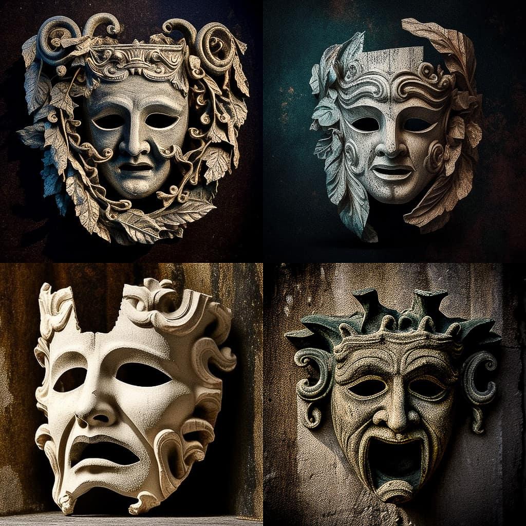 Greek Theatre mask style, Midjourney V4, render 1 of 4